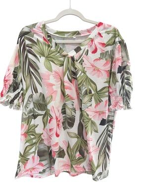 Women’s Tropical Floral V-Neck Smocked Short Sleeve Blouse 2XL